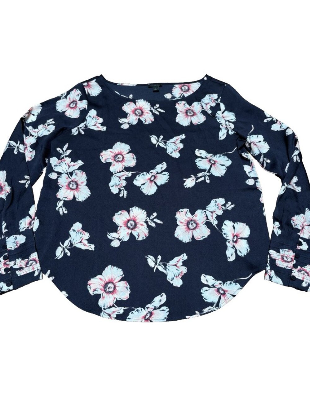 Ann Taylor Blouse Women’s Size S, Navy Blue, Pink Floral, Pleated Button Sleeves